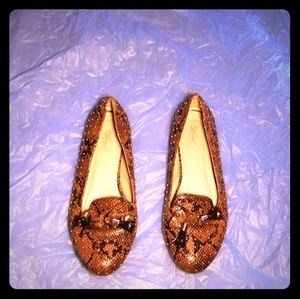 Used Cognac, Gold studded, Snake Skin loafer flat